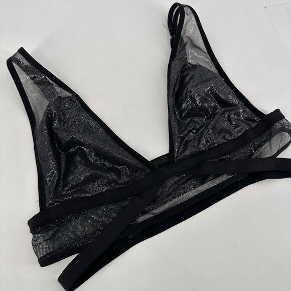 Victoria’s Secret Caged Bra Bralette Black Silver Foil Mesh Shine & Plunge Large - Picture 6 of 12